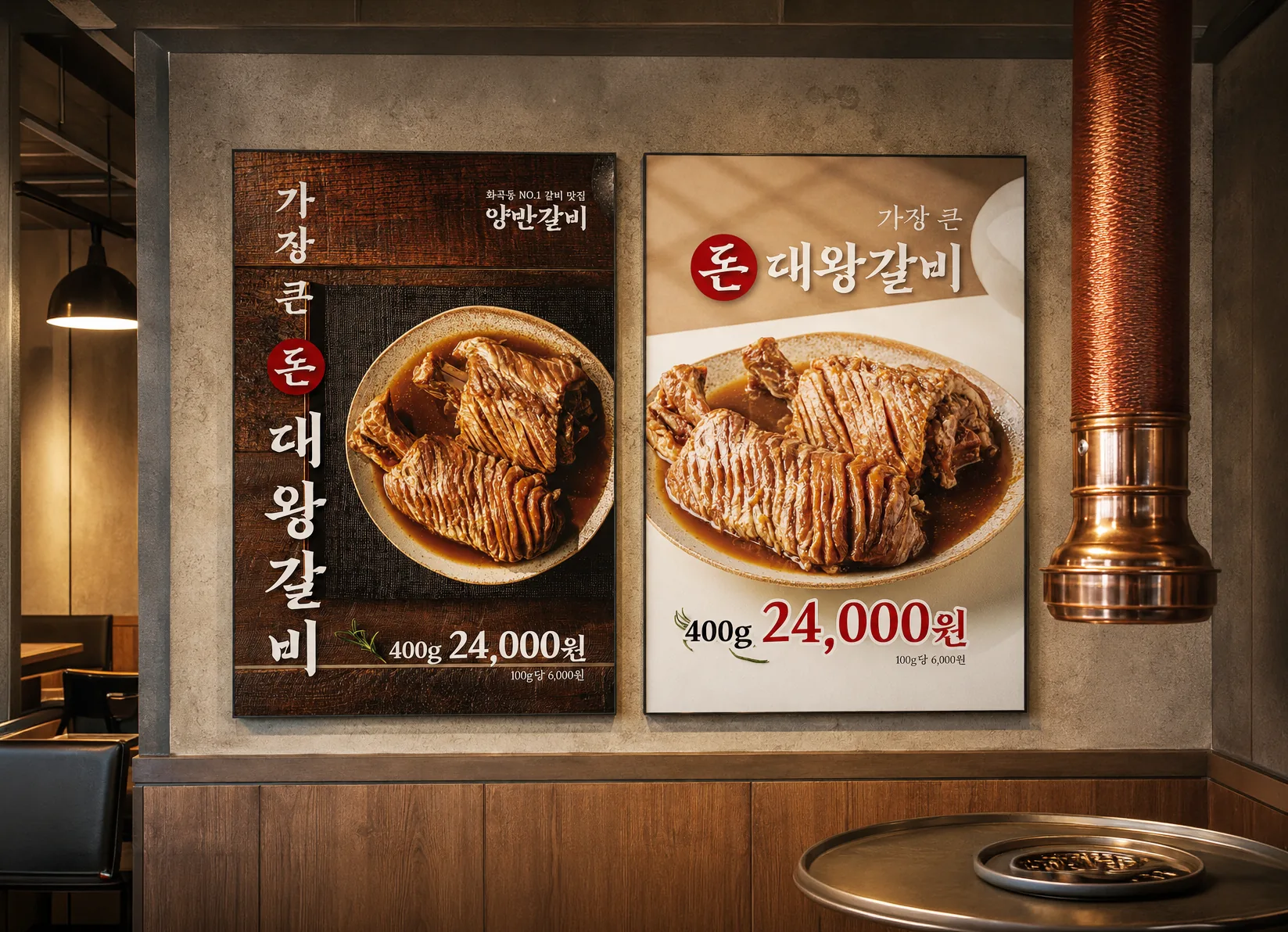 양반갈비 포스터 2종 매장 벽면 설치 연출 이미지 - 소몽스튜디오